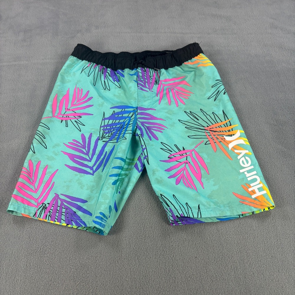 Hurley Boys Tropical Palm Board Shorts Teal Pink Size 10/12 Swim Trunks 5873-U4G